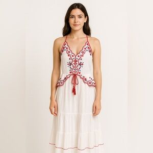 Free People White and Red Embroidered Midi Dress